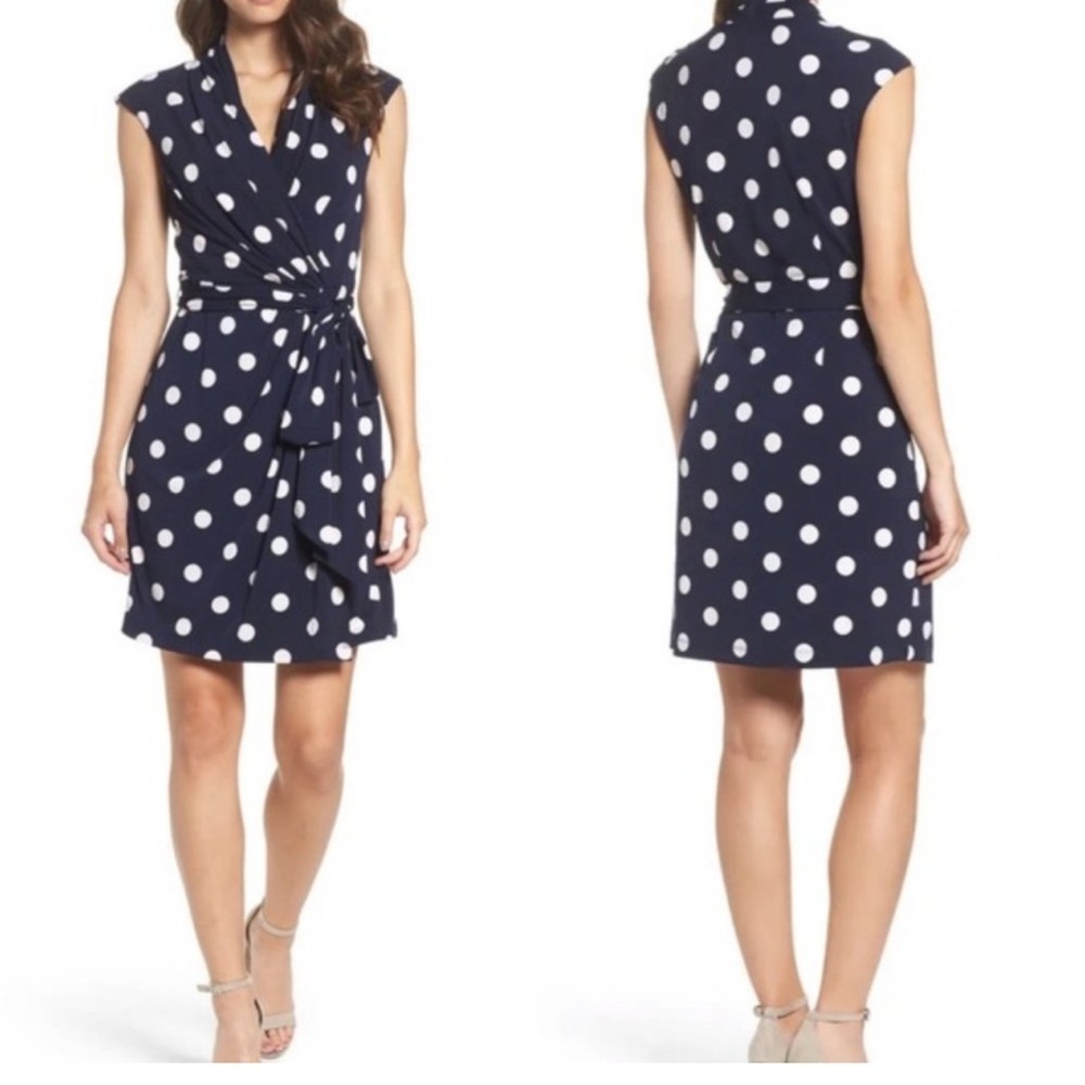 Eliza J Blue Polka Dot Wrap Dress Navy Blue Sz 6